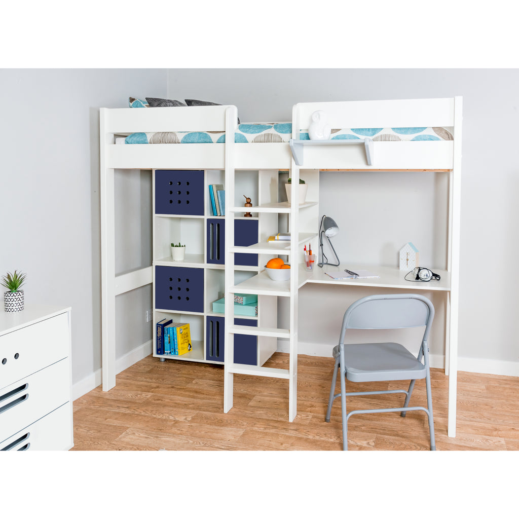 Stompa Duo Highsleeper with Desk & 2 Cube Storage Units in furnished room, blue doors