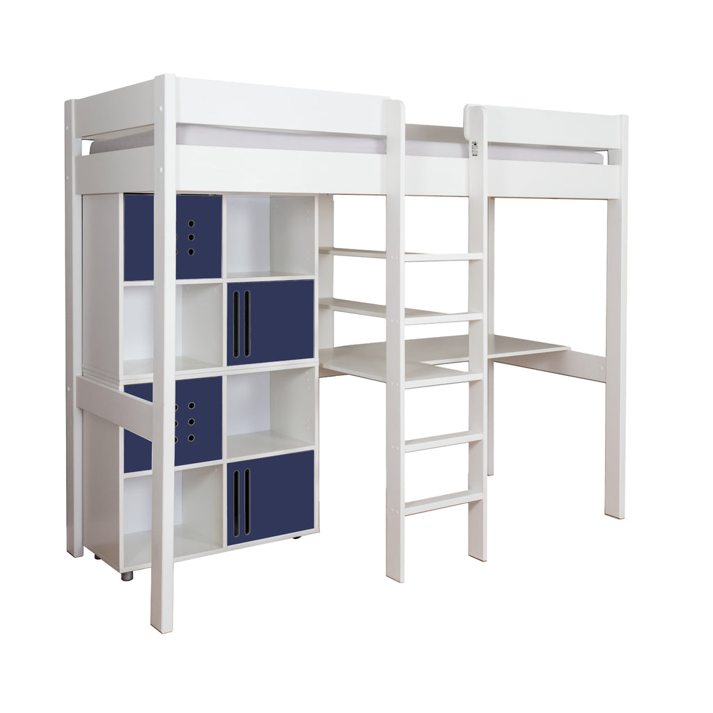 Stompa Duo Highsleeper with Desk & 2 Cube Storage Units on white background, blue doors