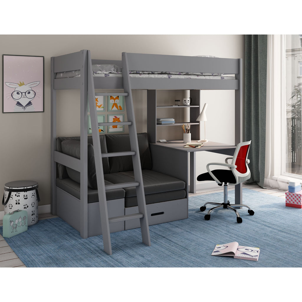 Estella Highsleeper with Corner Sofabed, Desk & Shelving in black, bed retracted