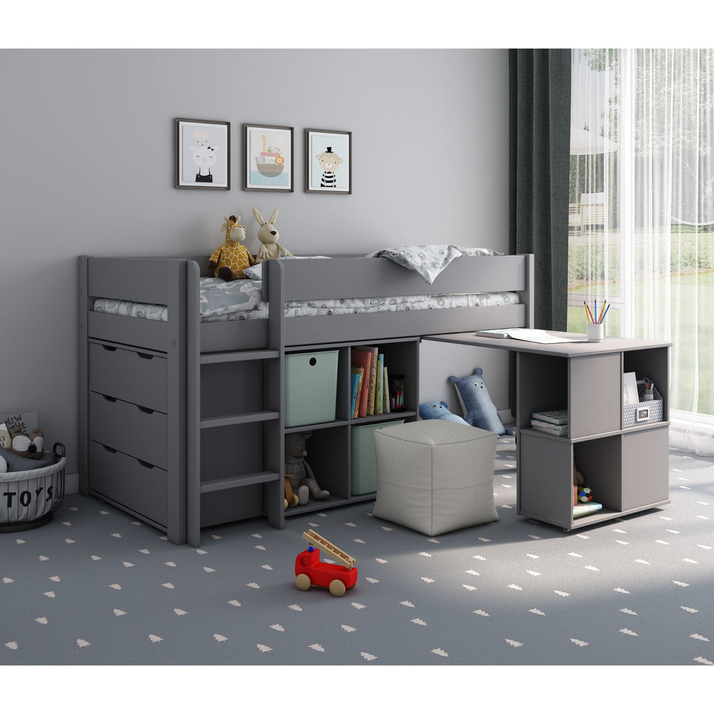 Estella Midsleeper with Desk, Chest of Drawers & Cube Storage, desk extended