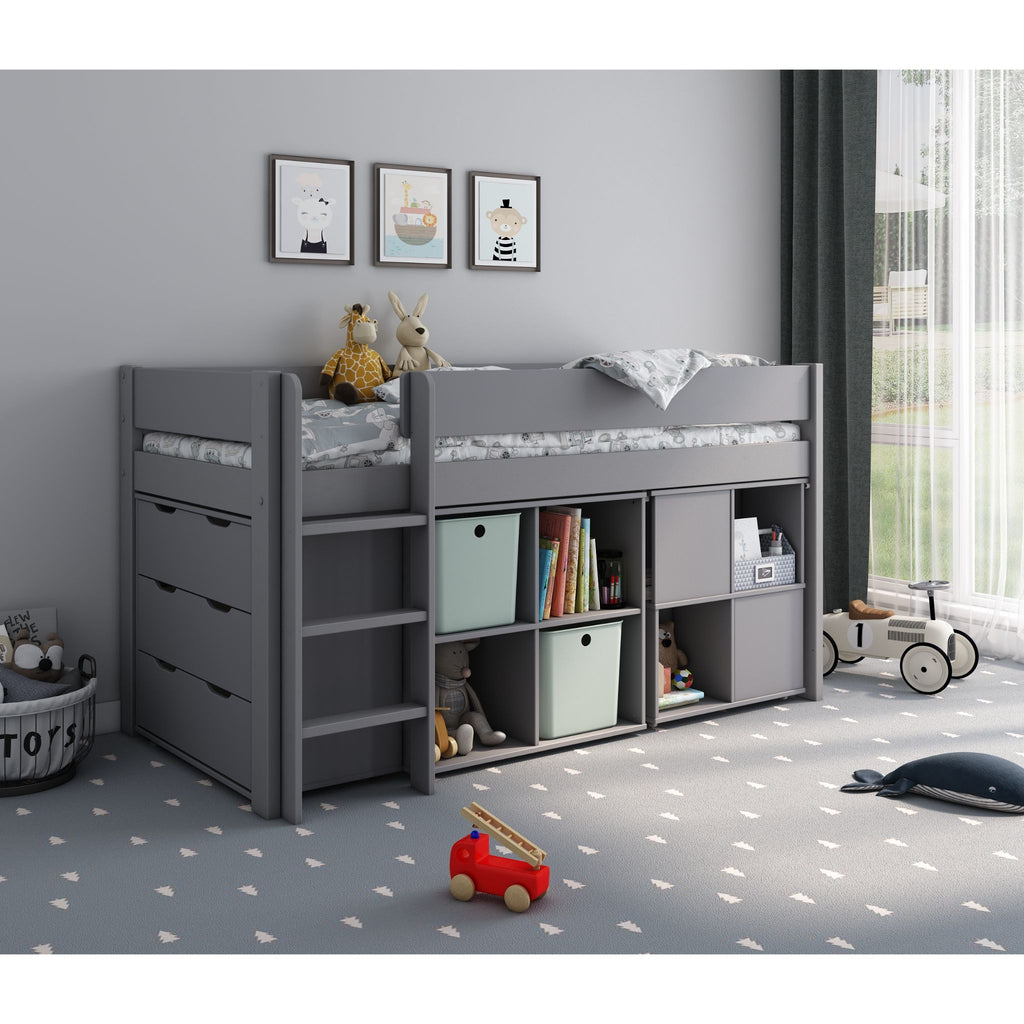 Estella Midsleeper with Desk, Chest of Drawers & Cube Storage, desk stowed