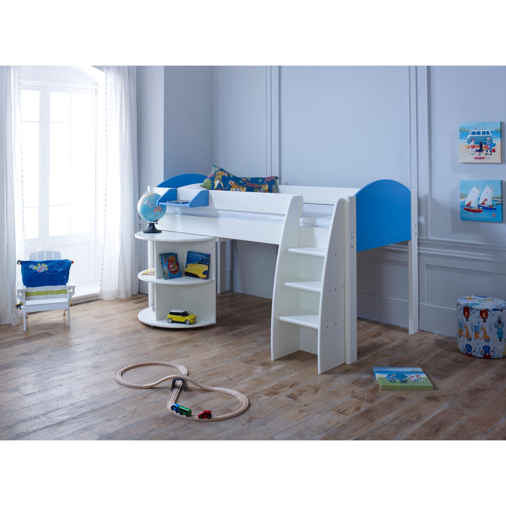 Eli Midsleeper with Pullout Desk in blue and white with desk retracted a furnished child's bedroom