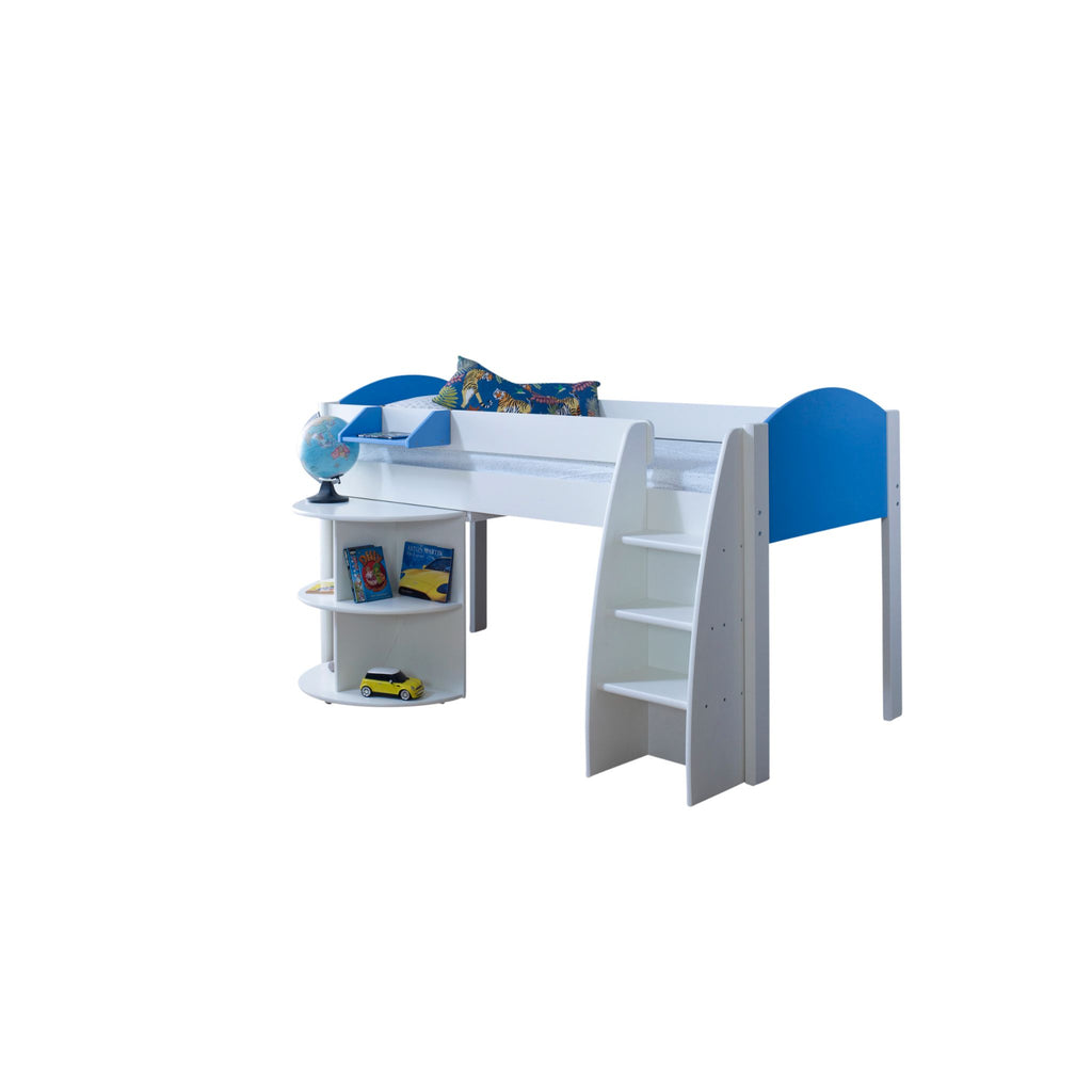 Eli Midsleeper with Pullout Desk in white and blue and desk retracted without background