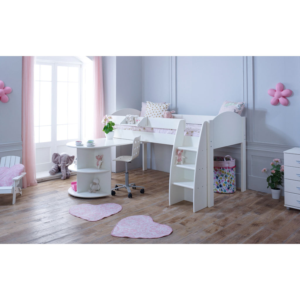 Eli Midsleeper with Pullout Desk in all white in a furnished child's bedroom