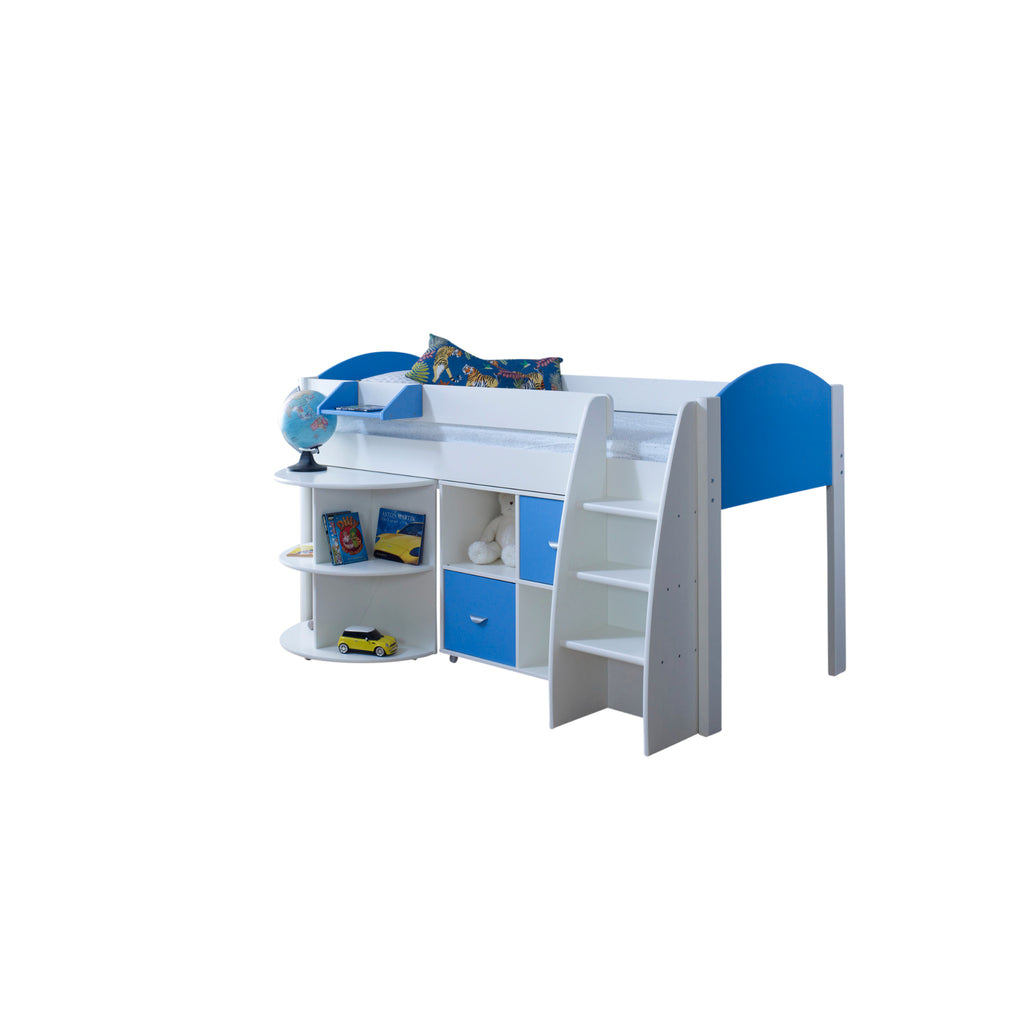 Eli Midsleeper with Pullout Desk and Cube in blue and white, with desk retracted and no background