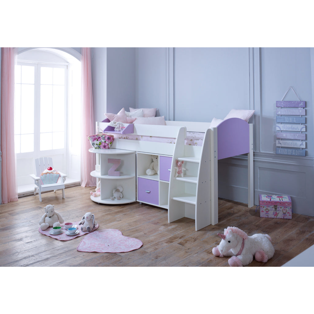 Eli Midsleeper with Pullout Desk and Cube in white and lilac, with desk retracted in a child's furnished room.