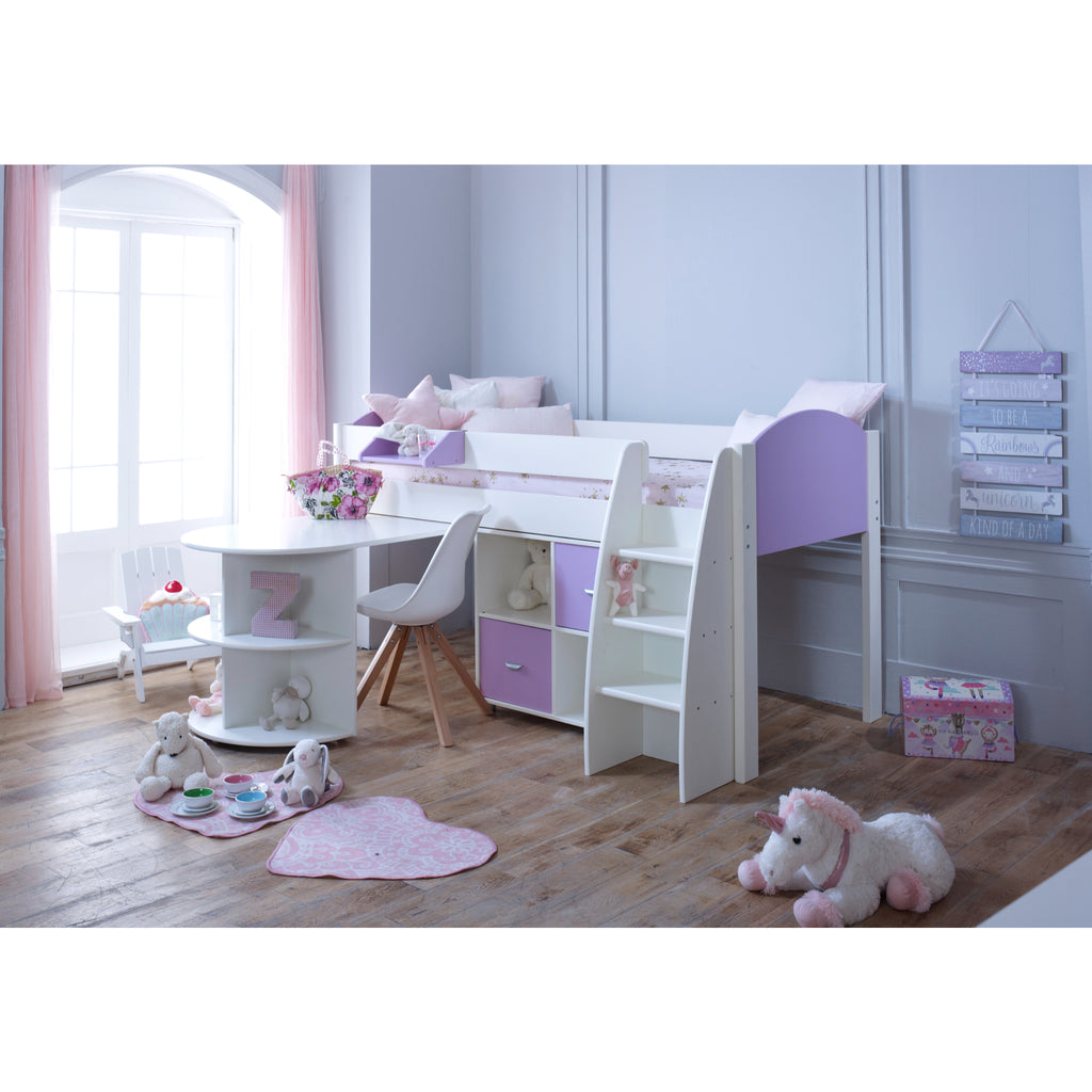 Eli Midsleeper with Pullout Desk and Cube in white and lilac, in a child's furnished room.