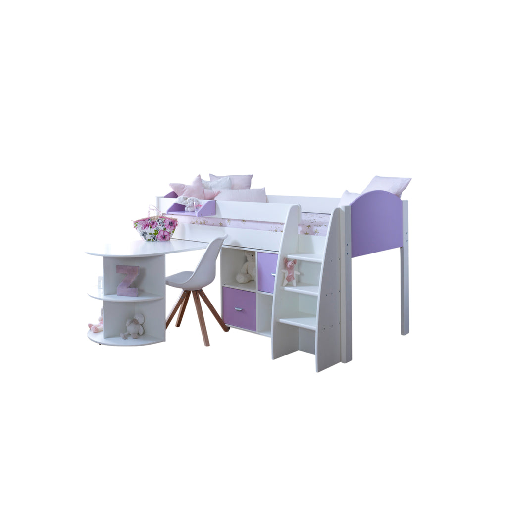 Eli Midsleeper with Pullout Desk and Cube in white and lilac, and no background.