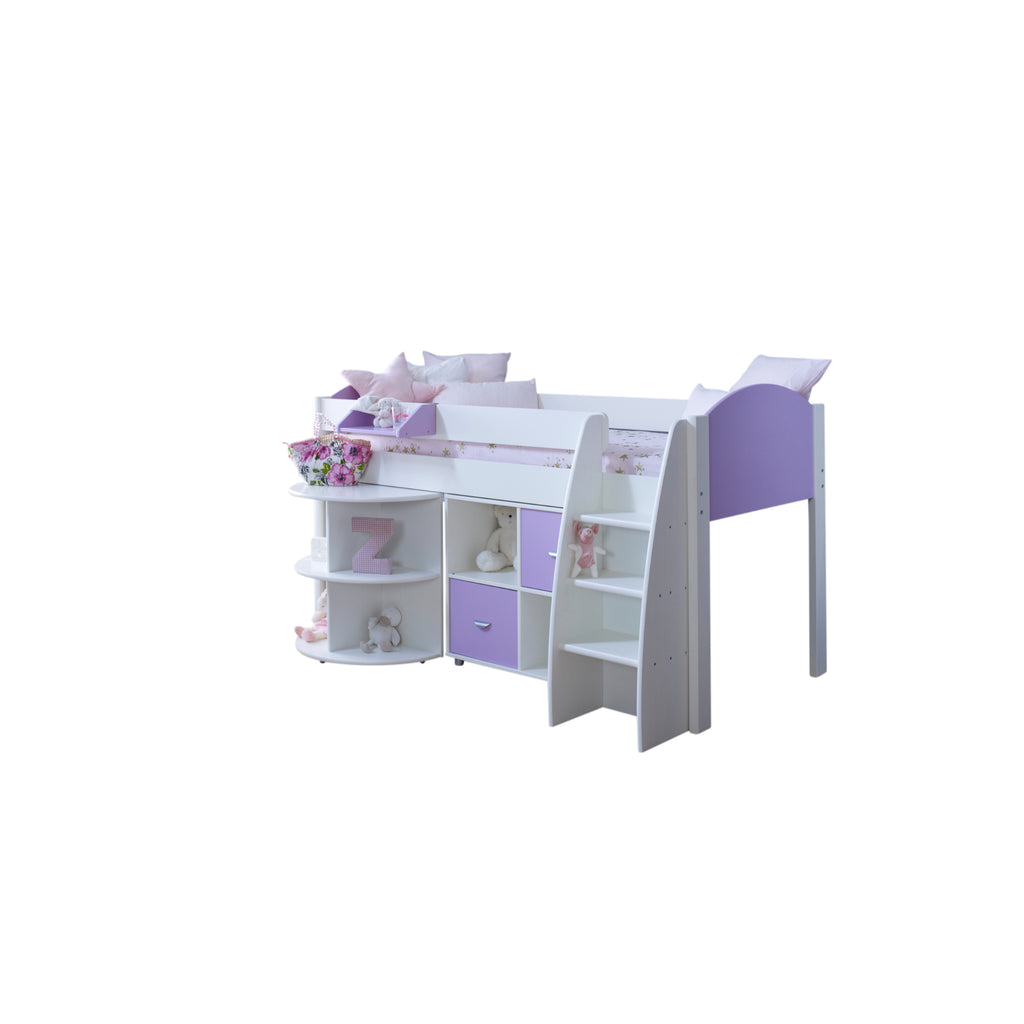 Eli Midsleeper with Pullout Desk and Cube in white and lilac, and no background