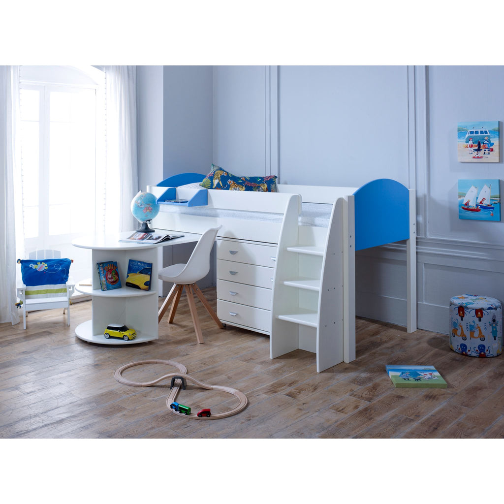 Eli Midsleeper with Pullout Desk and Drawers in white and blue, in a furnished child's room.