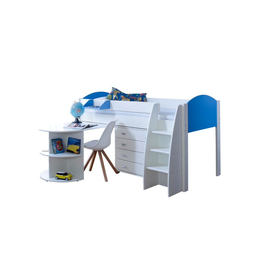 Eli Midsleeper with Pullout Desk and Drawers in white and blue, with no background.