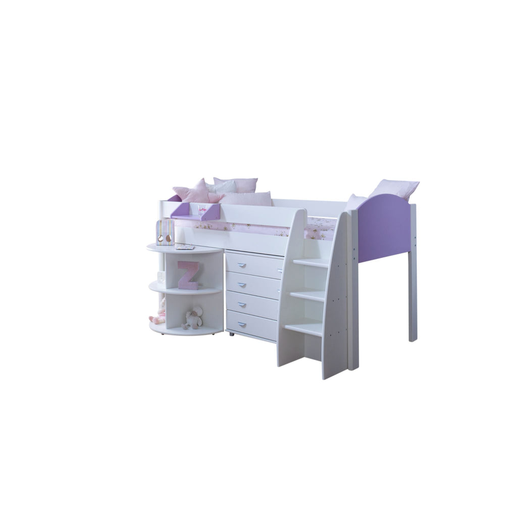 Eli Midsleeper with retracted Pullout Desk and Drawers in white and lilac, and no background.