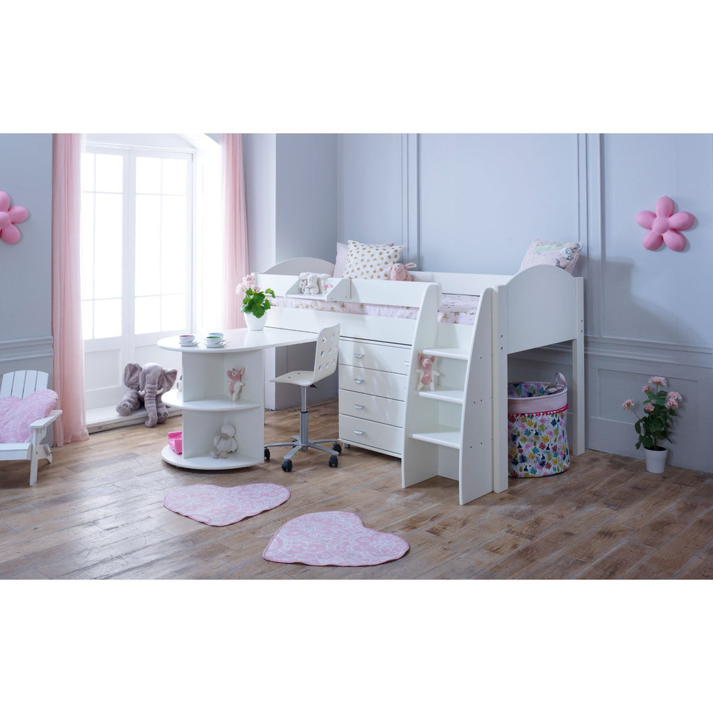 Eli Midsleeper with Pullout Desk and Drawers in all white, in a furnished child's room.