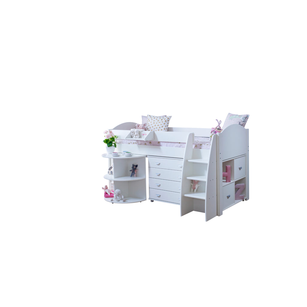 Eli Midsleeper with retracted Pullout Desk, Drawers and Cube in all white with no background