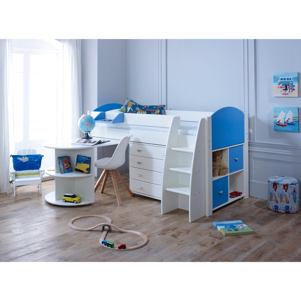 Eli Midsleeper with Pullout Desk, Drawers and Cube in white and blue, in a furnished bedroom