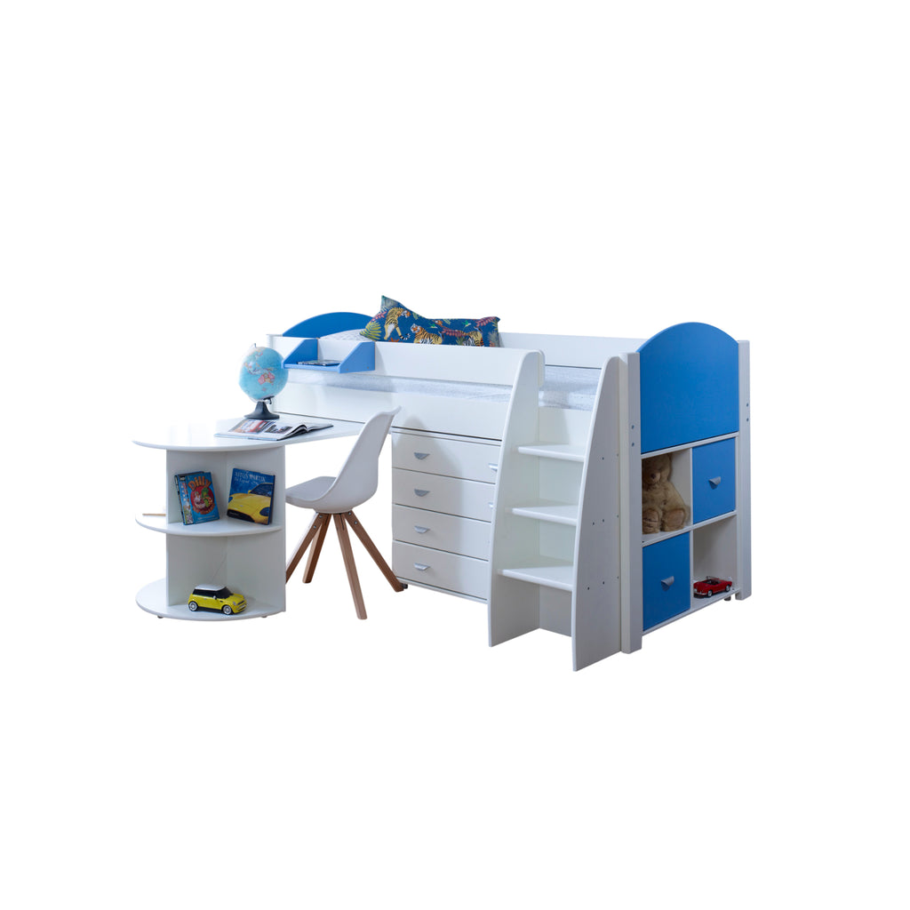 Eli Midsleeper with Pullout Desk, Drawers and Cube in white and blue with no background