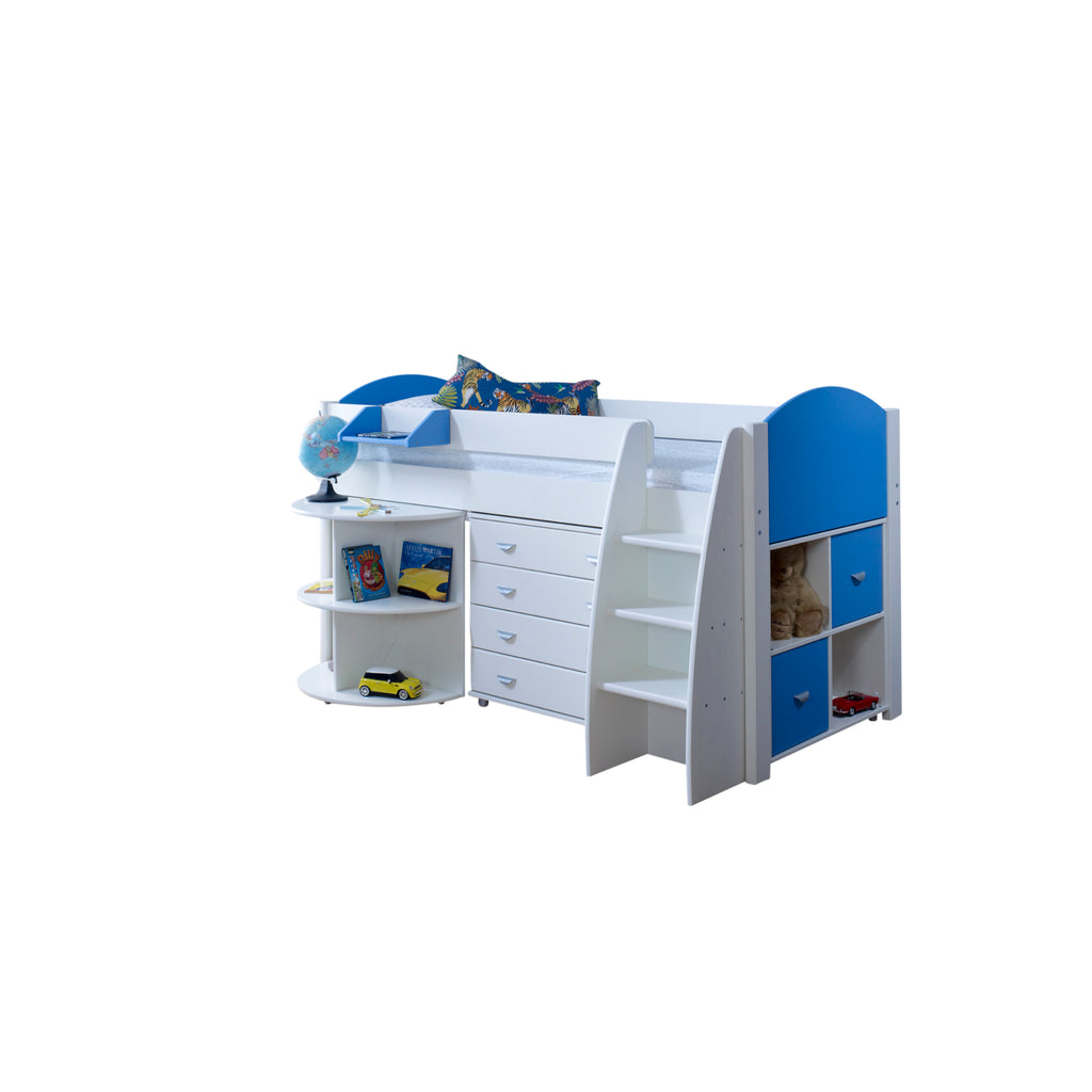 Eli Midsleeper with retracted Pullout Desk, Drawers and Cube in white and blue with no background