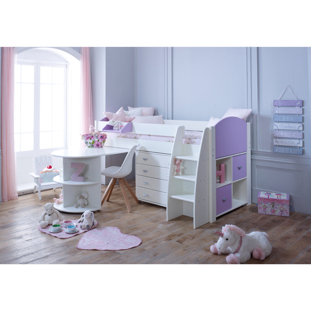 Eli Midsleeper with Pullout Desk, Drawers and Cube in white and lilac, in a furnished bedroom