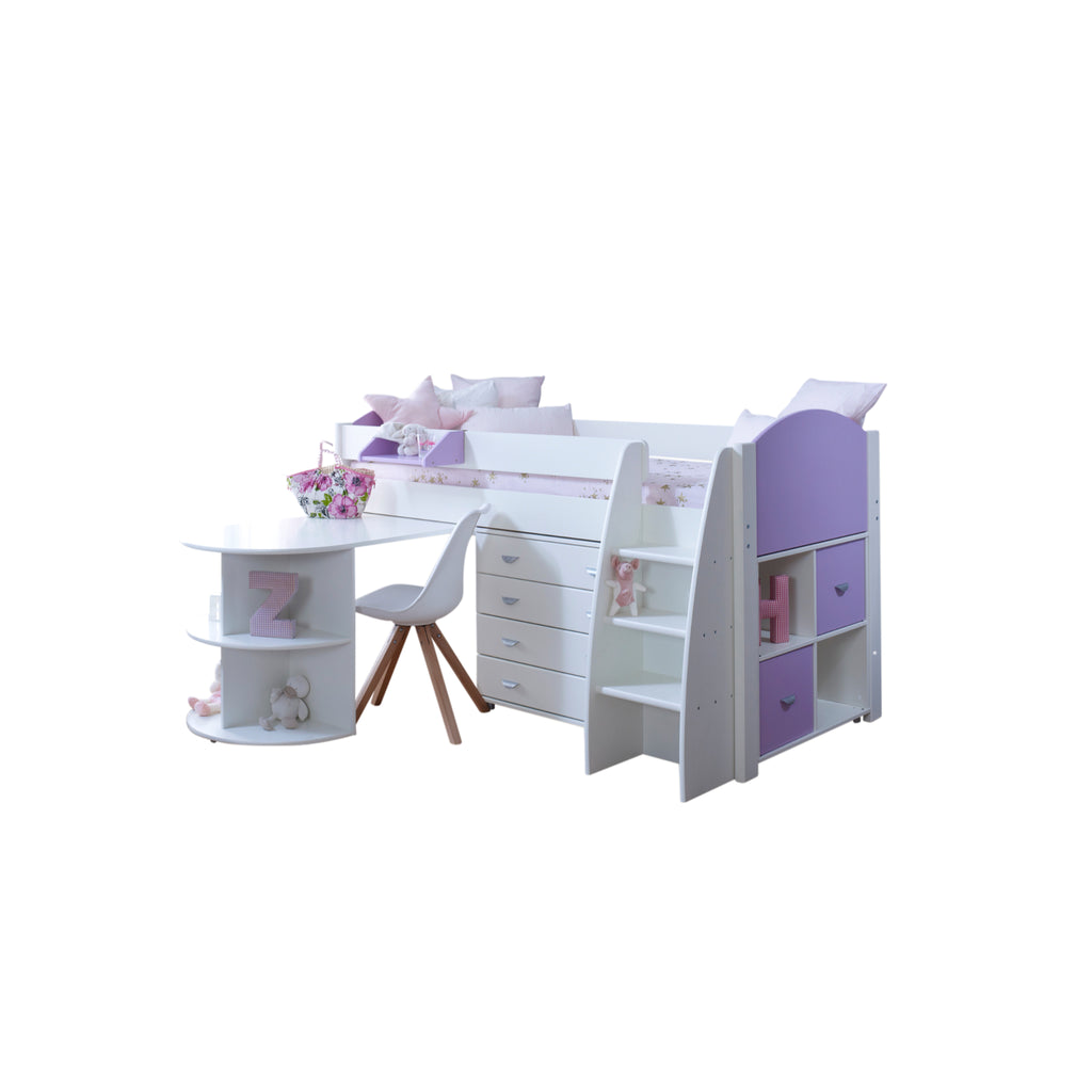 Eli Midsleeper with Pullout Desk, Drawers and Cube in white and lilac with no background