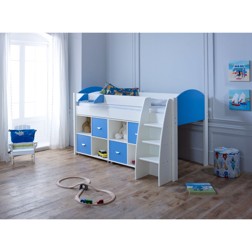 Eli Midsleeper with 2 cube units in white and blue a furnished room.
