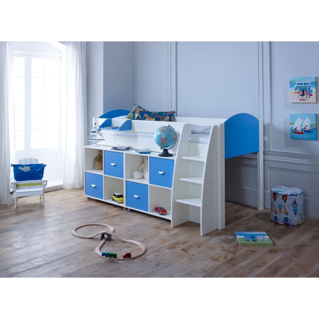 Eli Midsleeper with 2 cube units in white and blue a furnished room. The cube units are slightly pulled out from under the bed to provide an additional shelf.