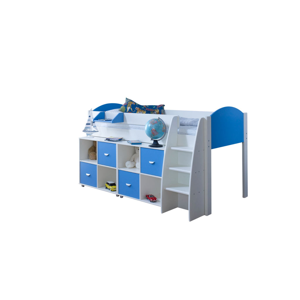 Eli Midsleeper with 2 cube units in white and blue with no background. The cube units are slightly pulled out from under the bed to provide an additional shelf.