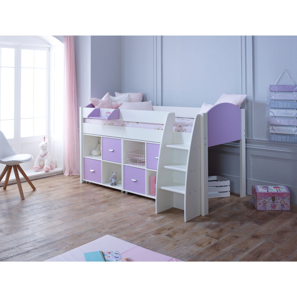 Eli Midsleeper with 2 cube units in white and lilac a furnished room