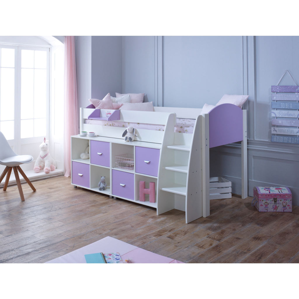 Eli Midsleeper with 2 cube units in white and lilac a furnished room. The cube units are slightly pulled out from under the bed to provide an additional shelf.