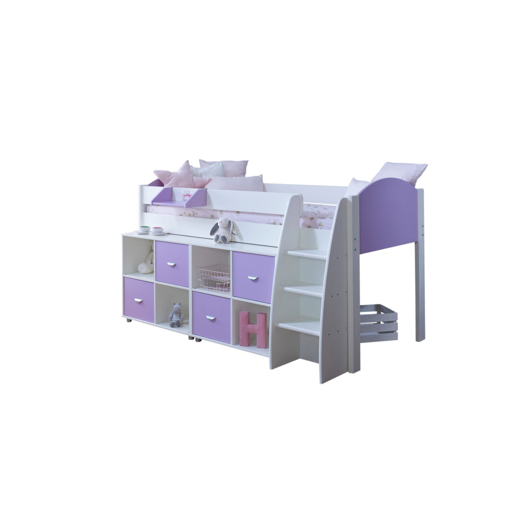 Eli Midsleeper with 2 cube units in white and lilac and no background. The cube units are slightly pulled out from under the bed to provide an additional shelf.