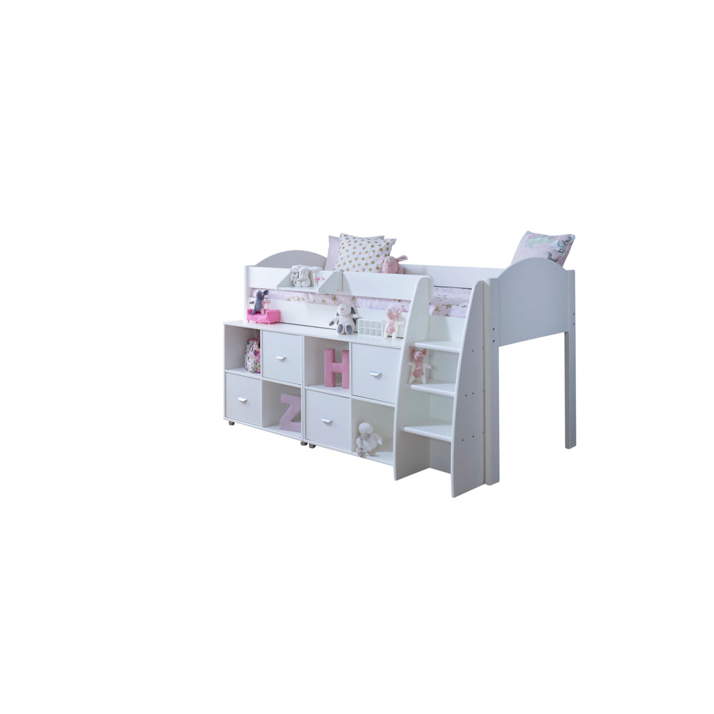 Eli Midsleeper with 2 cube units in all white and no background. The cube units are slightly pulled out from under the bed to provide an additional shelf.