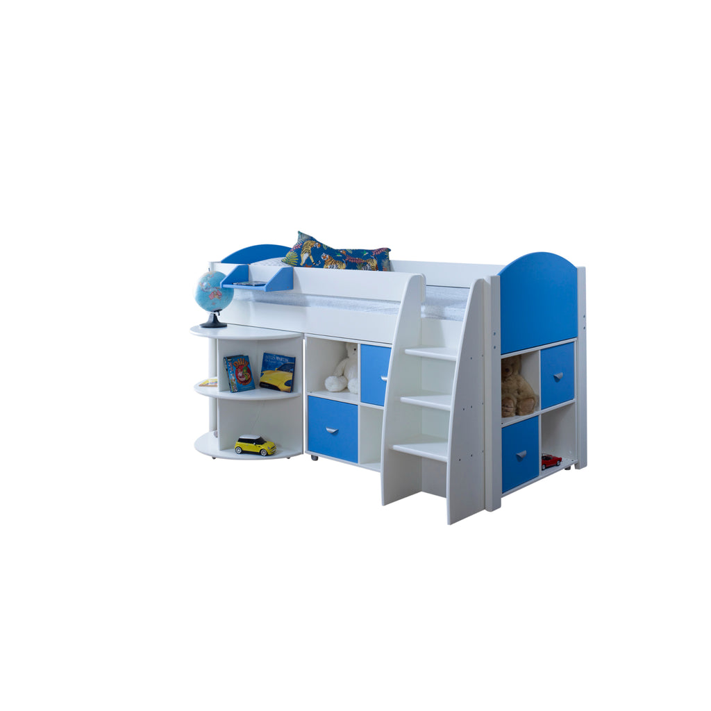 Eli Midsleeper with retracted Pullout Desk and two Cube Units in white and blue and no background.