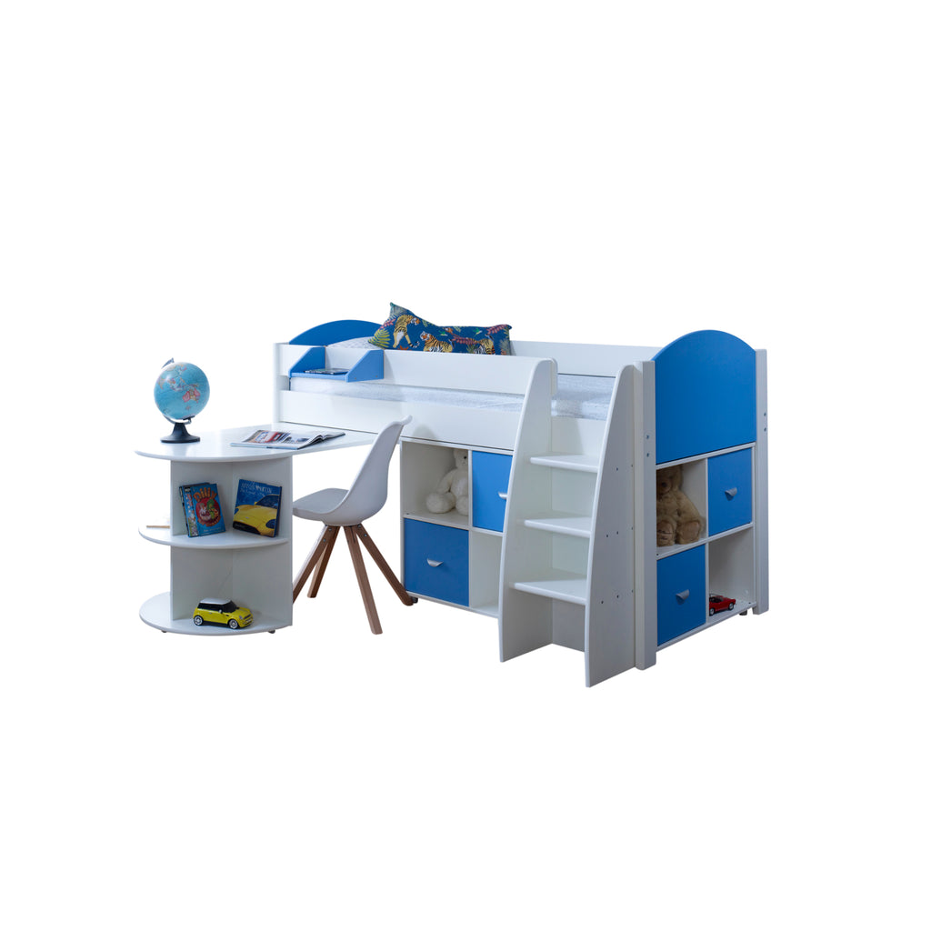 Eli Midsleeper with Pullout Desk and two Cube Units in white and blue and no background.