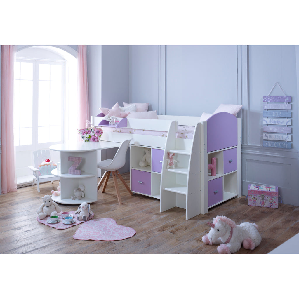 Eli Midsleeper with Pullout Desk and two Cube Units in white and lilac in a furnished bedroom.