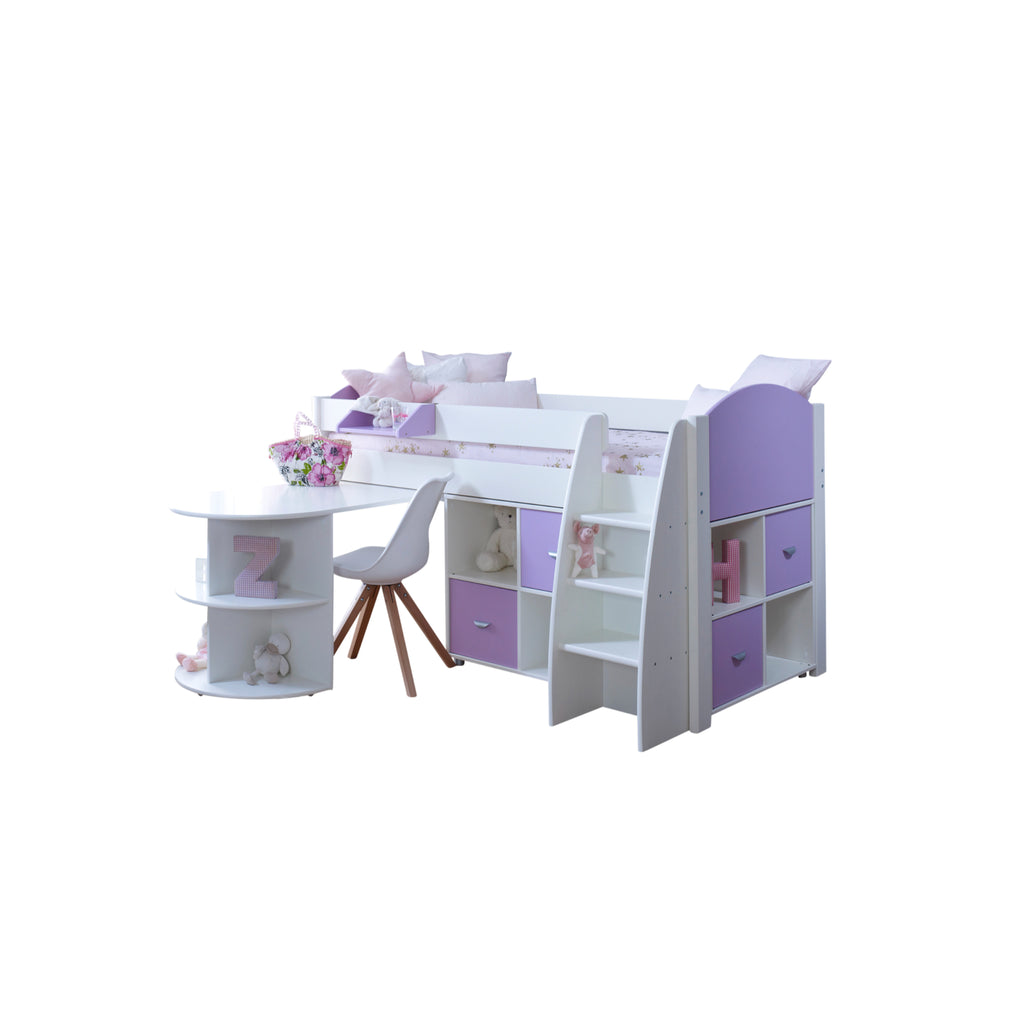 Eli Midsleeper with Pullout Desk and two Cube Units in white and lilac and no background.