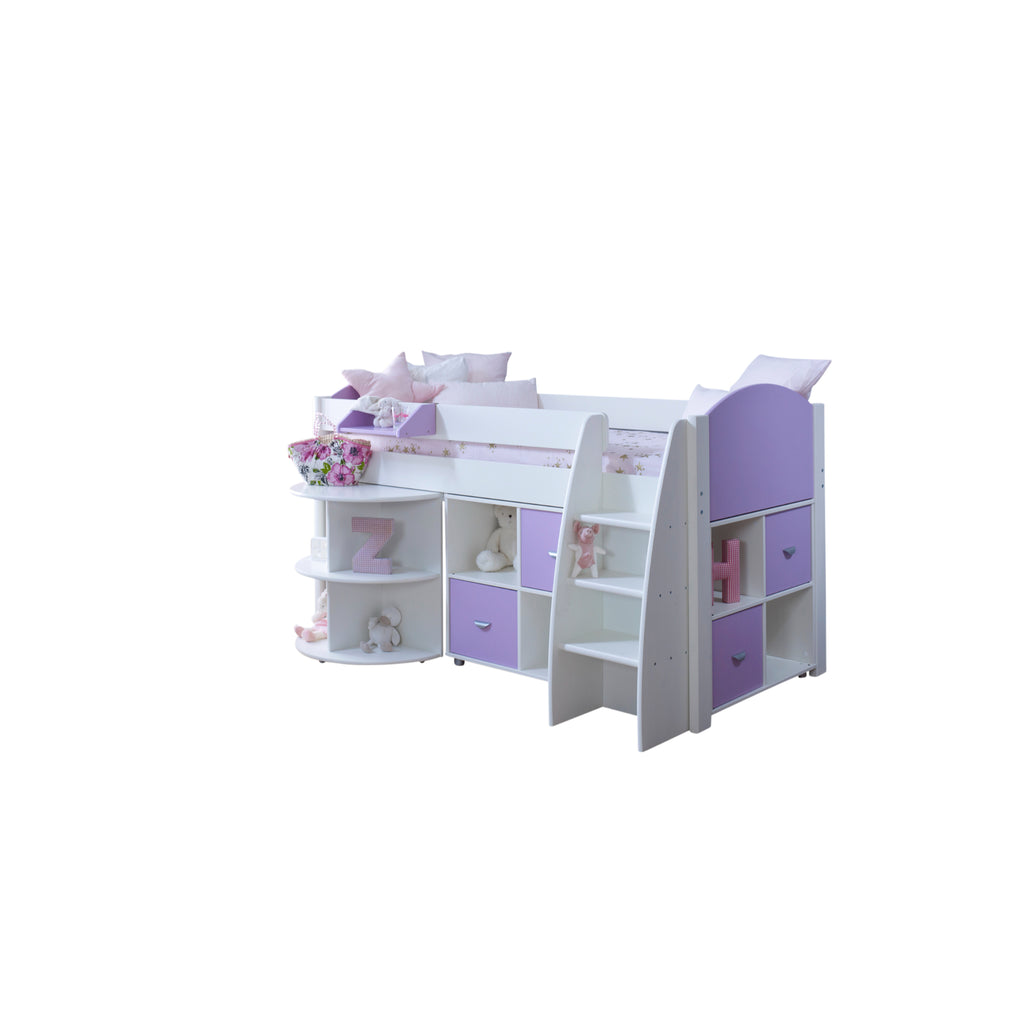 Eli Midsleeper with retracted Pullout Desk and two Cube Units in white and lilac and no background.