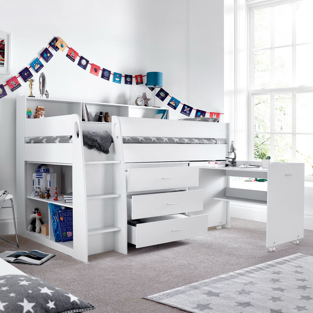 Ersa Mid Sleeper Bed with Desk & Storage in white showing desk extended and in use in bedroom