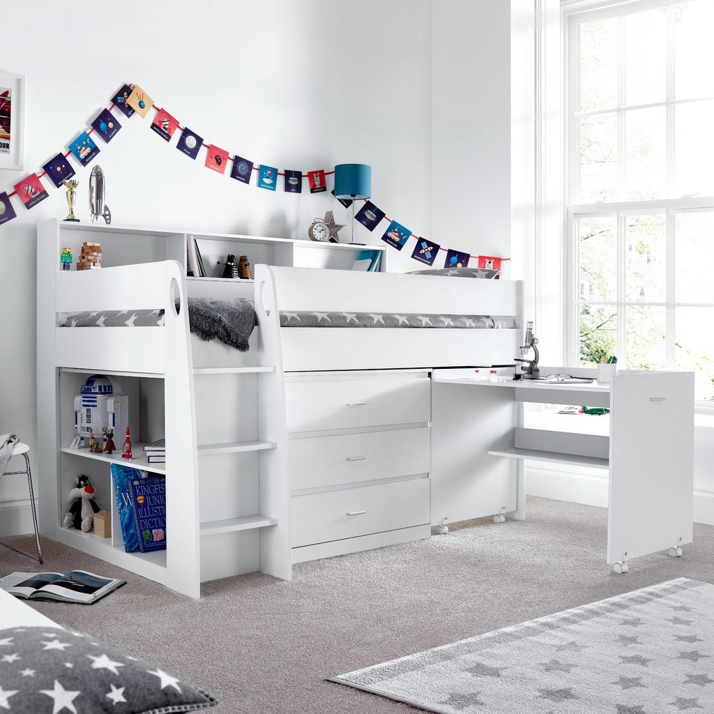 rsa Mid Sleeper Bed with Desk & Storage in white showing desk extended and chest of drawers open, in bedroom