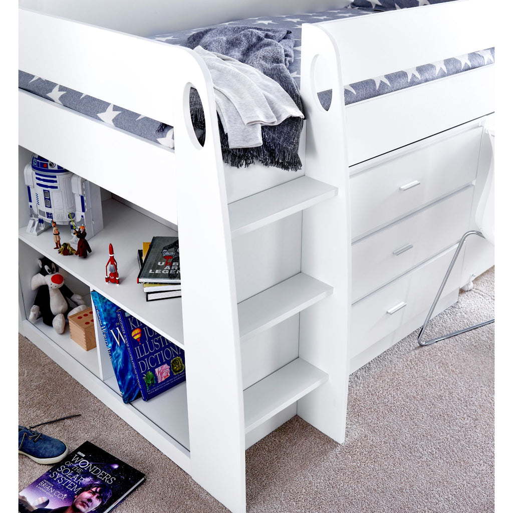 Ersa Mid Sleeper Bed with Desk & Storage in white ladder and end of bed storage detail