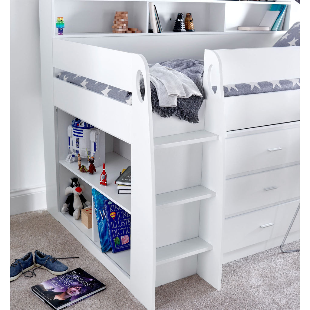 Ersa Mid Sleeper Bed with Desk & Storage in white ladder detail