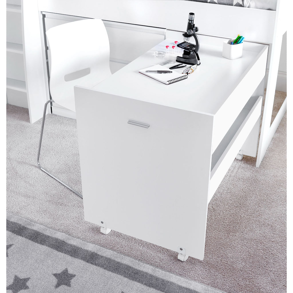 Ersa Mid Sleeper Bed with Desk & Storage in white, desk detail