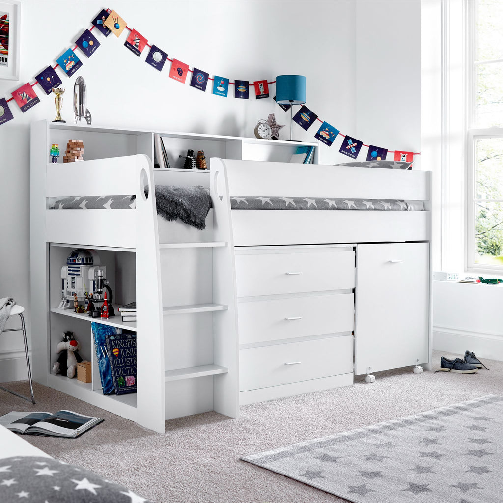 Ersa Mid Sleeper Bed with Desk & Storage in white, situated in bedroom