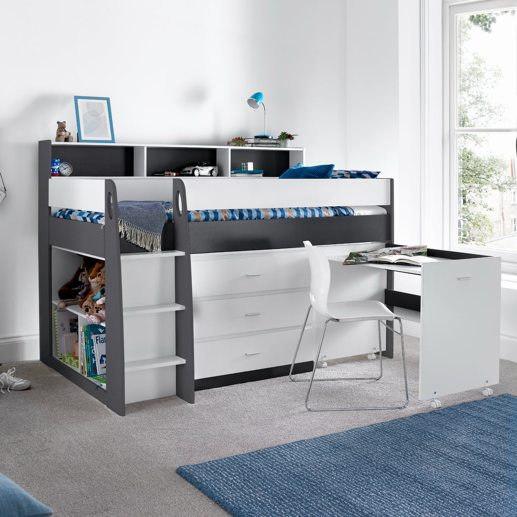 Ersa Mid Sleeper Bed with Desk & Storage in grey and white showing desk extended and in use in bedroom
