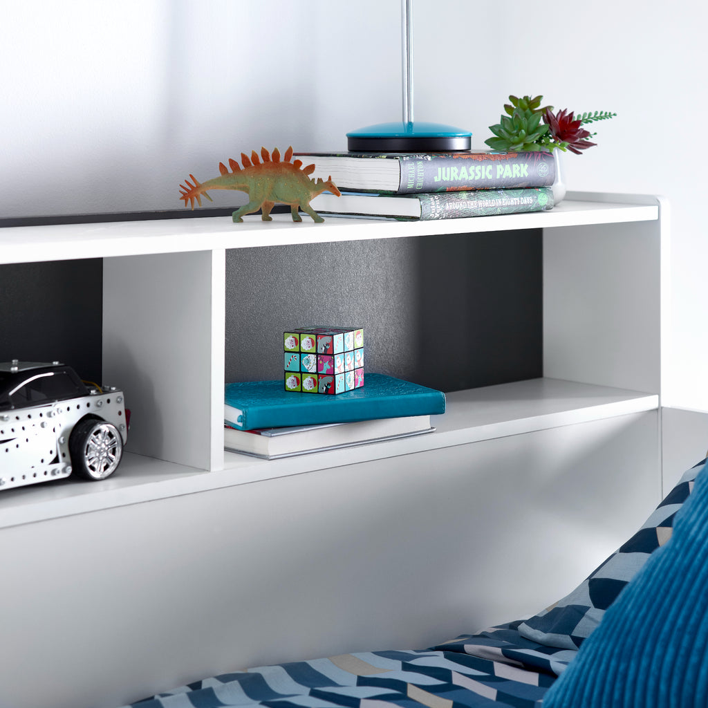 Ersa Mid Sleeper Bed with Desk & Storage in grey and white shelving detail