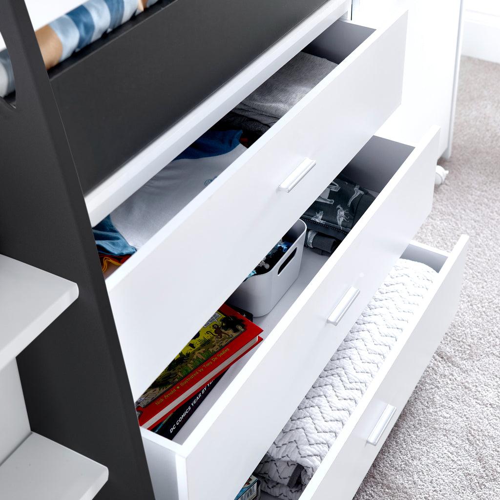 Ersa Mid Sleeper Bed with Desk & Storage in grey and white drawers detail