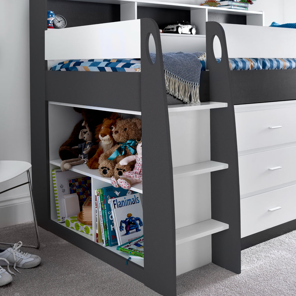 Ersa Mid Sleeper Bed with Desk & Storage in grey and white ladder and end of bed storage detail