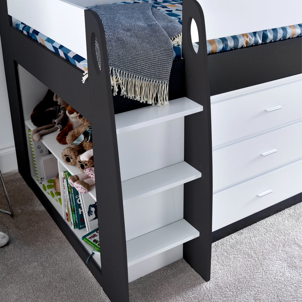 Ersa Mid Sleeper Bed with Desk & Storage in grey and white ladder detail