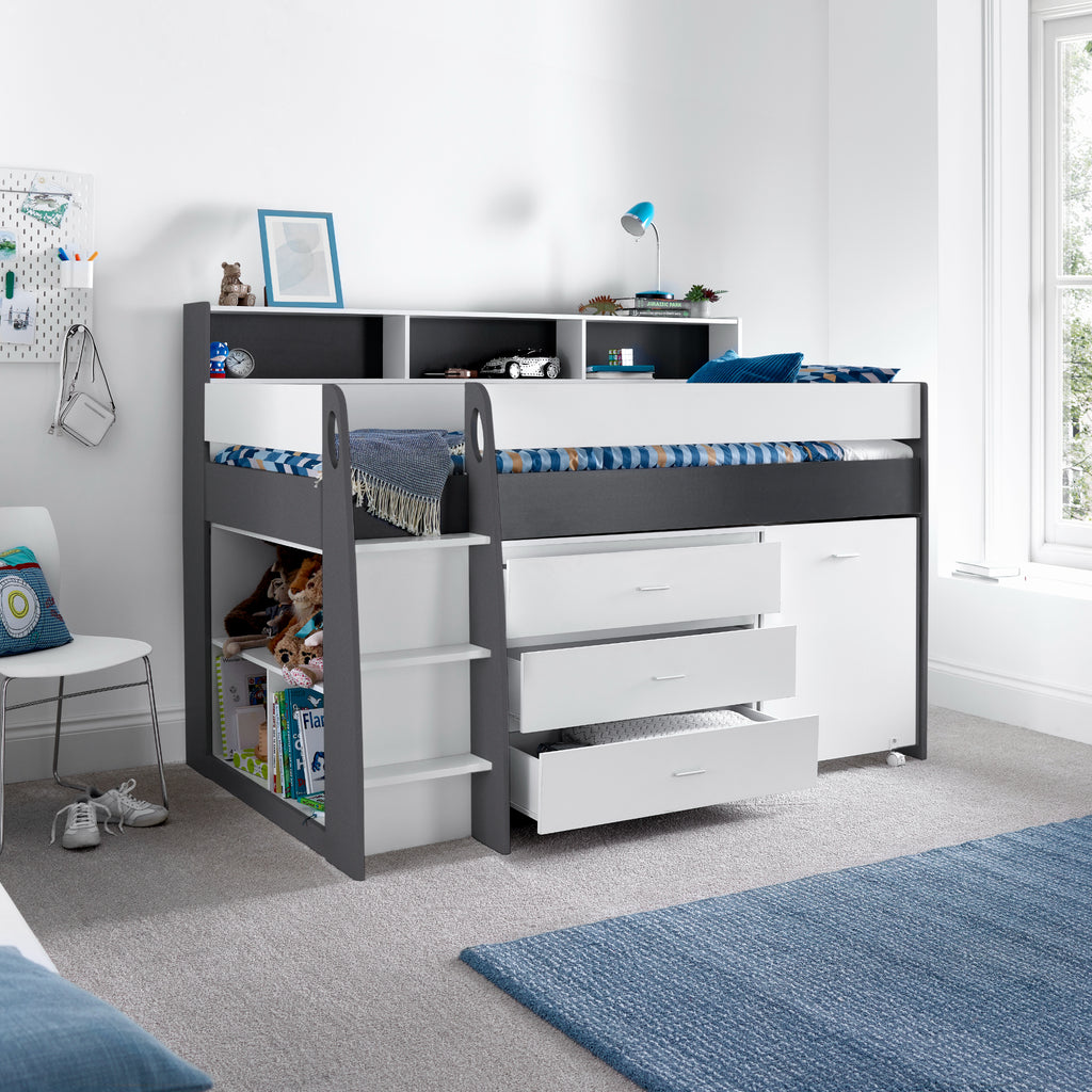 Ersa Mid Sleeper Bed with Desk & Storage in grey and white showing desk retracted and drawers open in bedroom