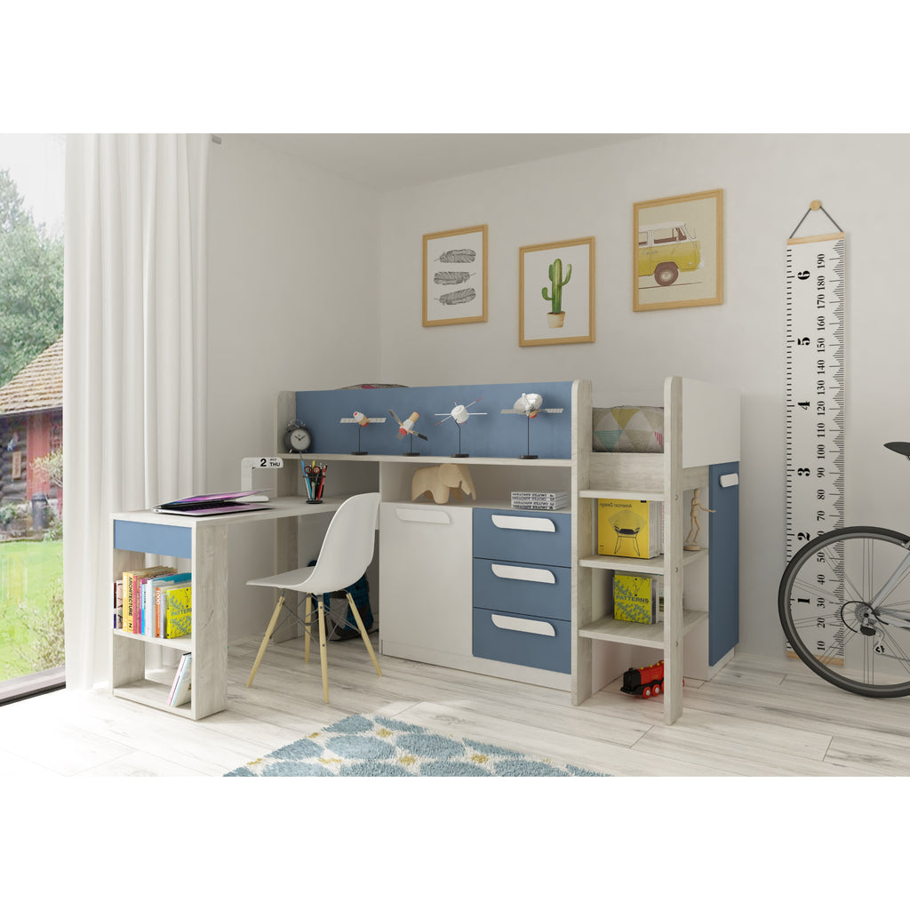 Girona Midsleeper Cabin Bed with Pull-Out Desk & Storage in blue in furnished room, desk extended