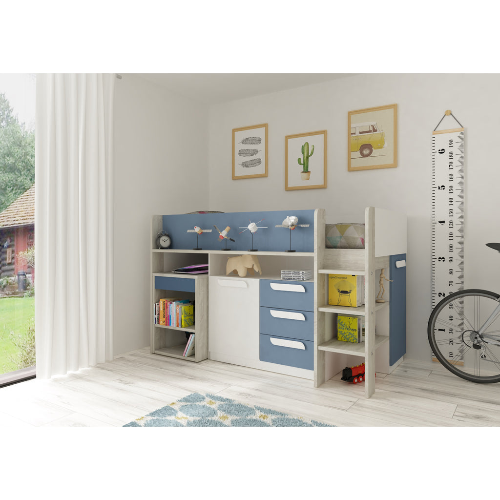 Girona Midsleeper Cabin Bed with Pull-Out Desk & Storage in blue in furnished room, desk closed