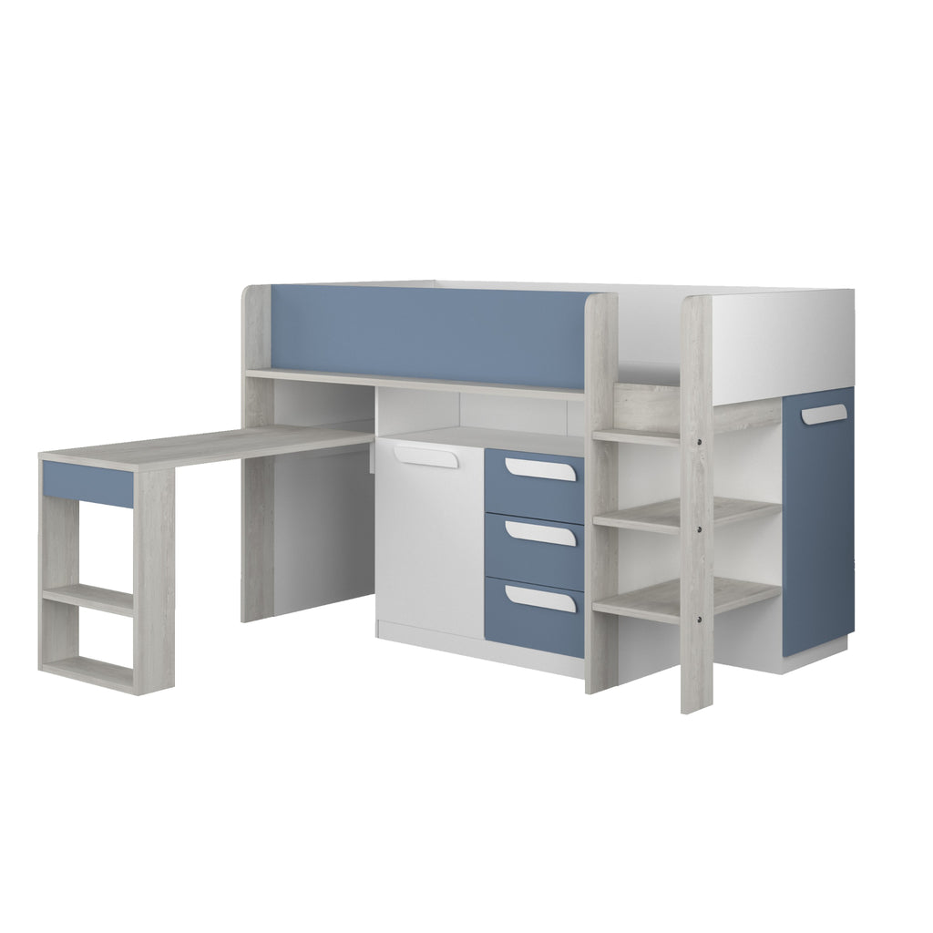 Girona Midsleeper Cabin Bed with Pull-Out Desk & Storage in blue on white background, desk extended